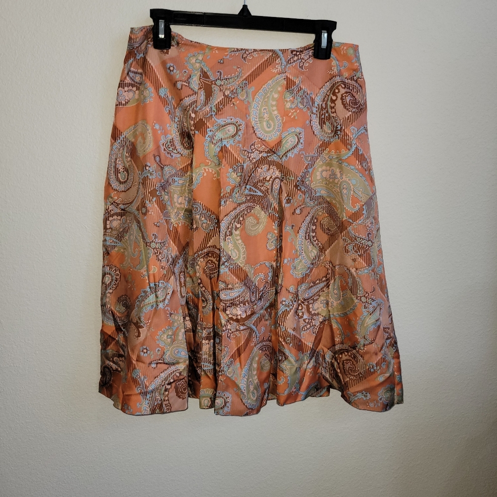 David Brooks 100% Silk Pleated MultiColored Paisley Lined Skirt Ladies Size 8